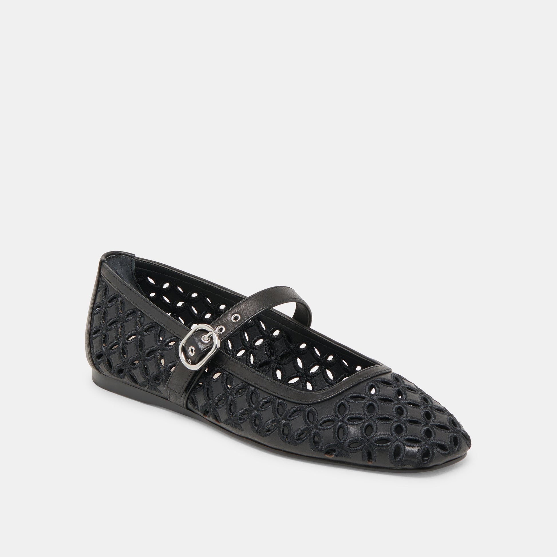 RODNI EYELET PERF BALLET FLATS BLACK LEATHER Dolce Vita