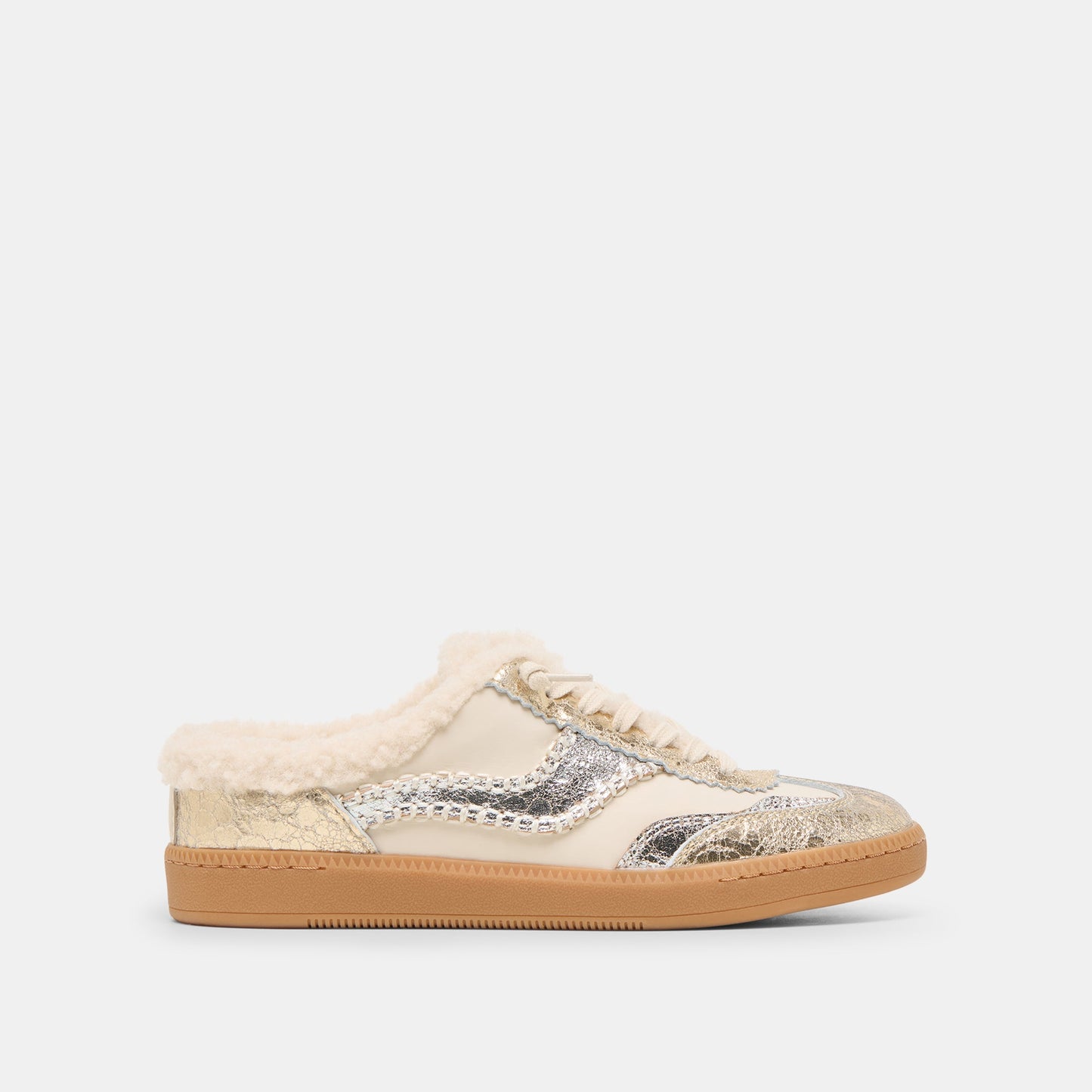 Notice Slide Plush Silver Gold Crackled Leather Sneakers Dolce Vita