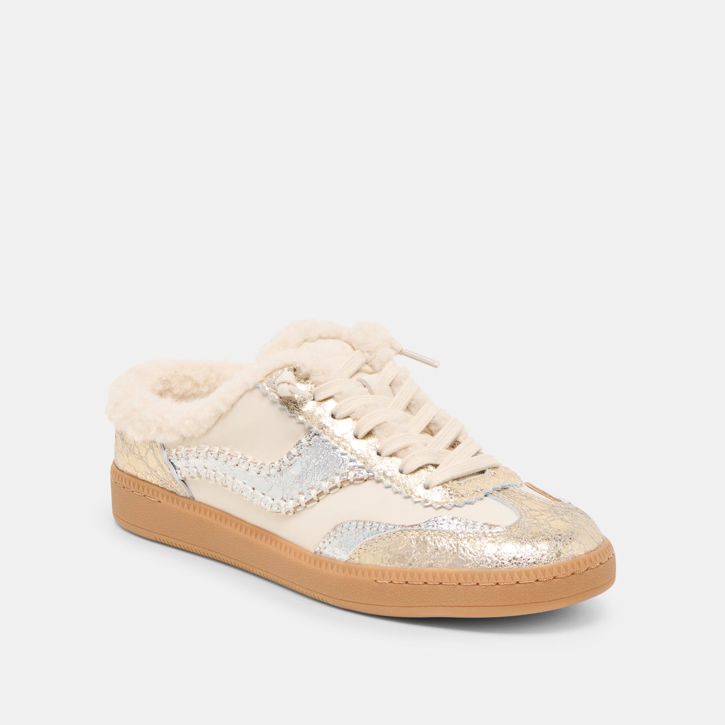 Notice Slide Plush Silver Gold Crackled Leather Sneakers Dolce Vita