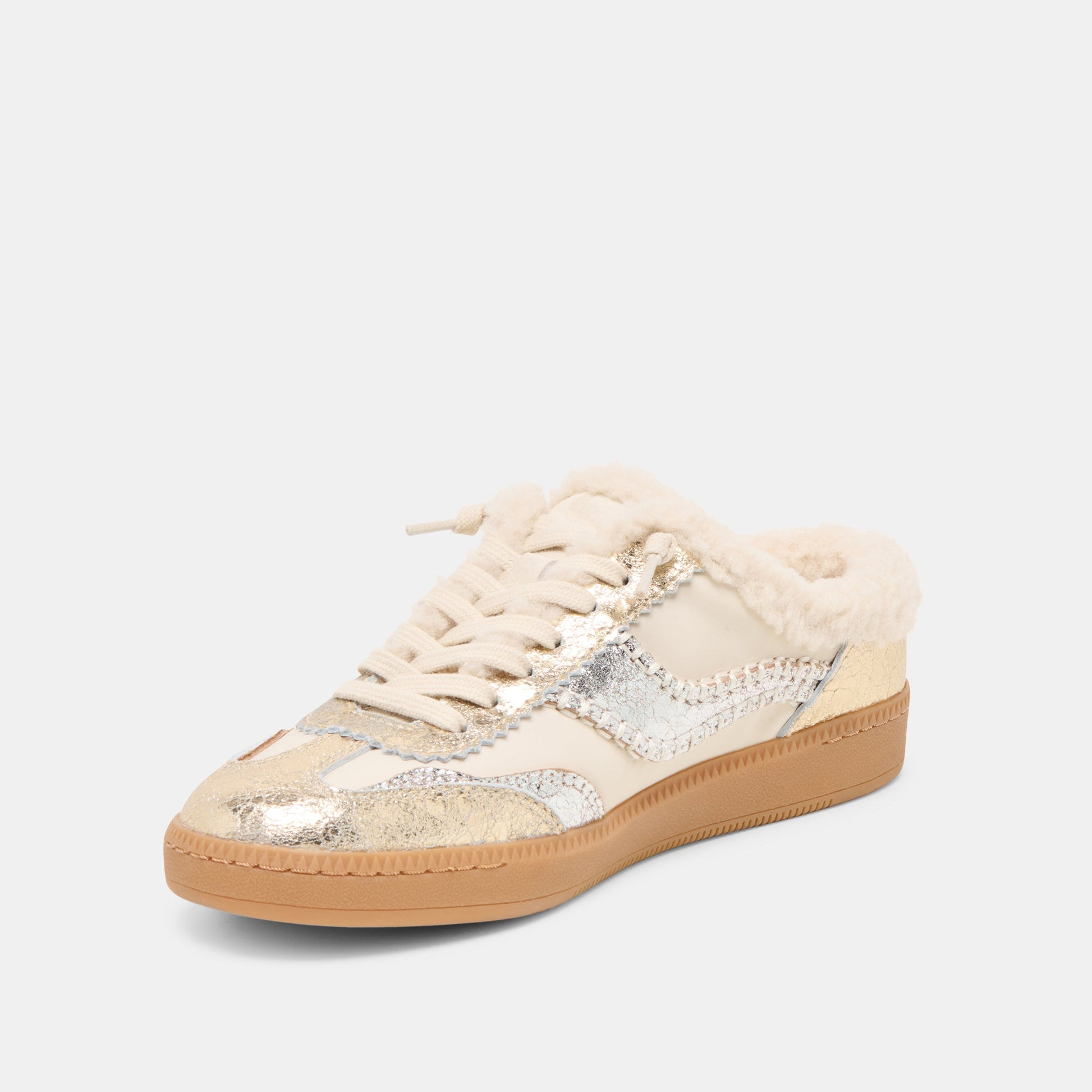 Notice Slide Plush Silver Gold Crackled Leather Sneakers Dolce Vita