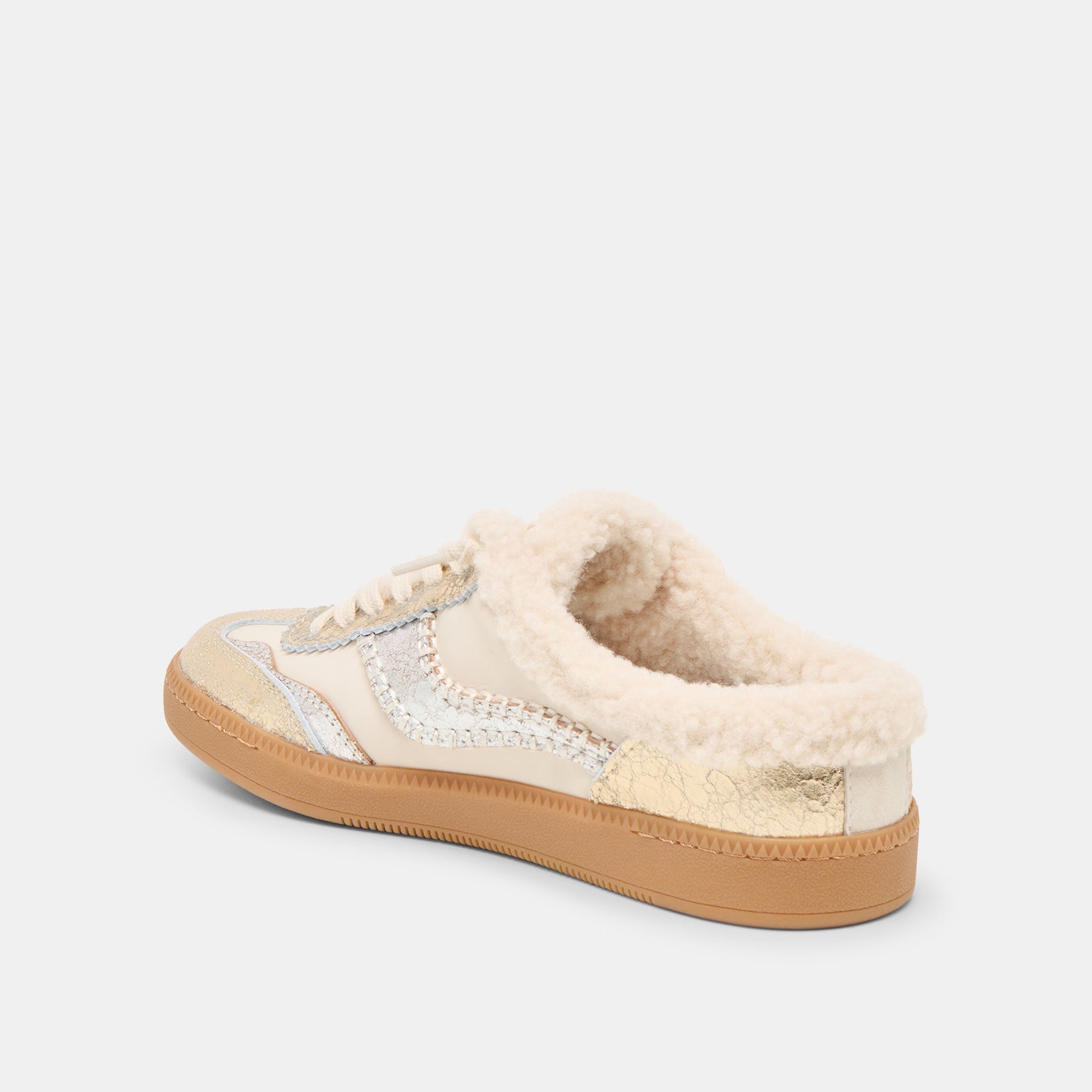 Notice Slide Plush Silver Gold Crackled Leather Sneakers Dolce Vita
