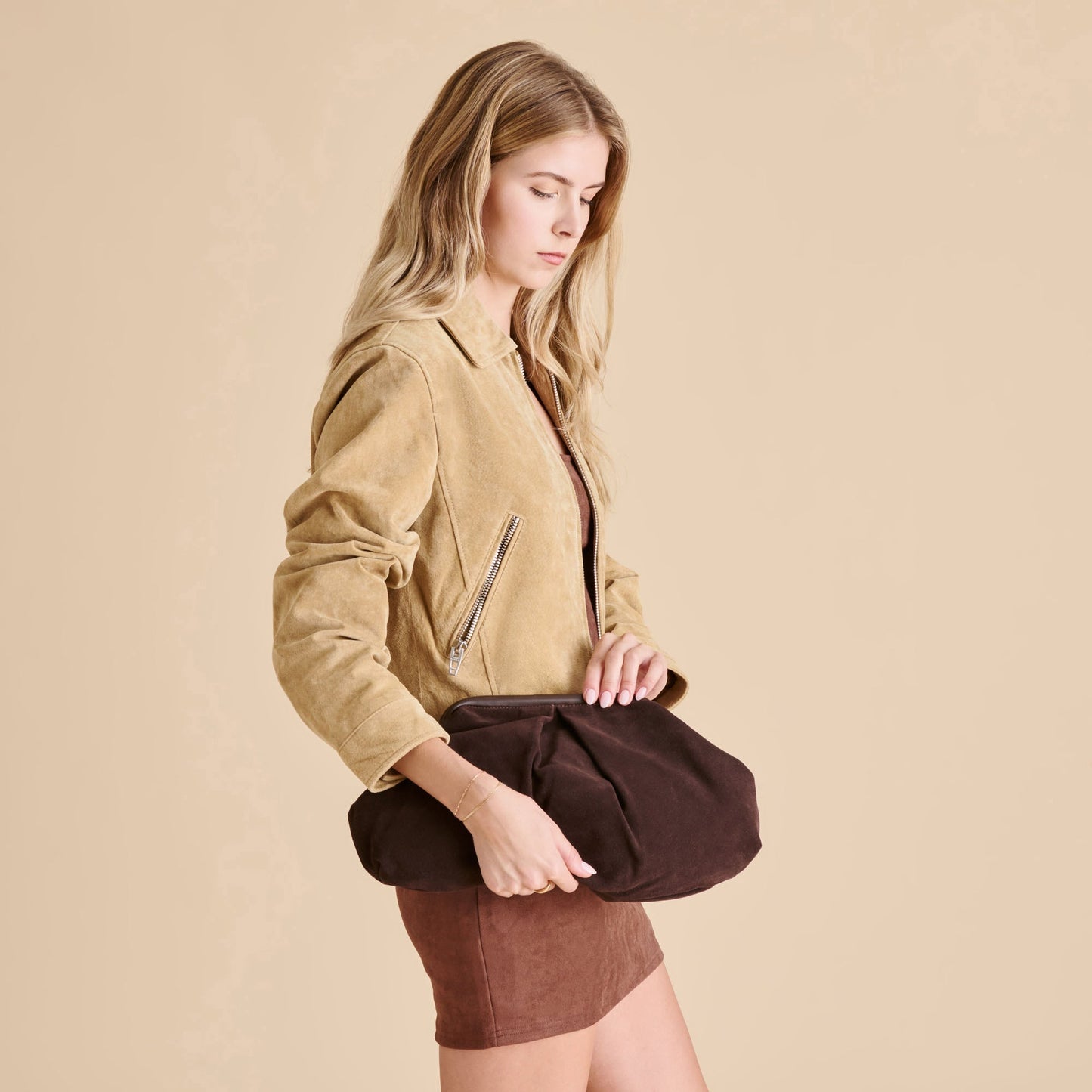 Sahara Espresso Suede Clutch Dolce Vita